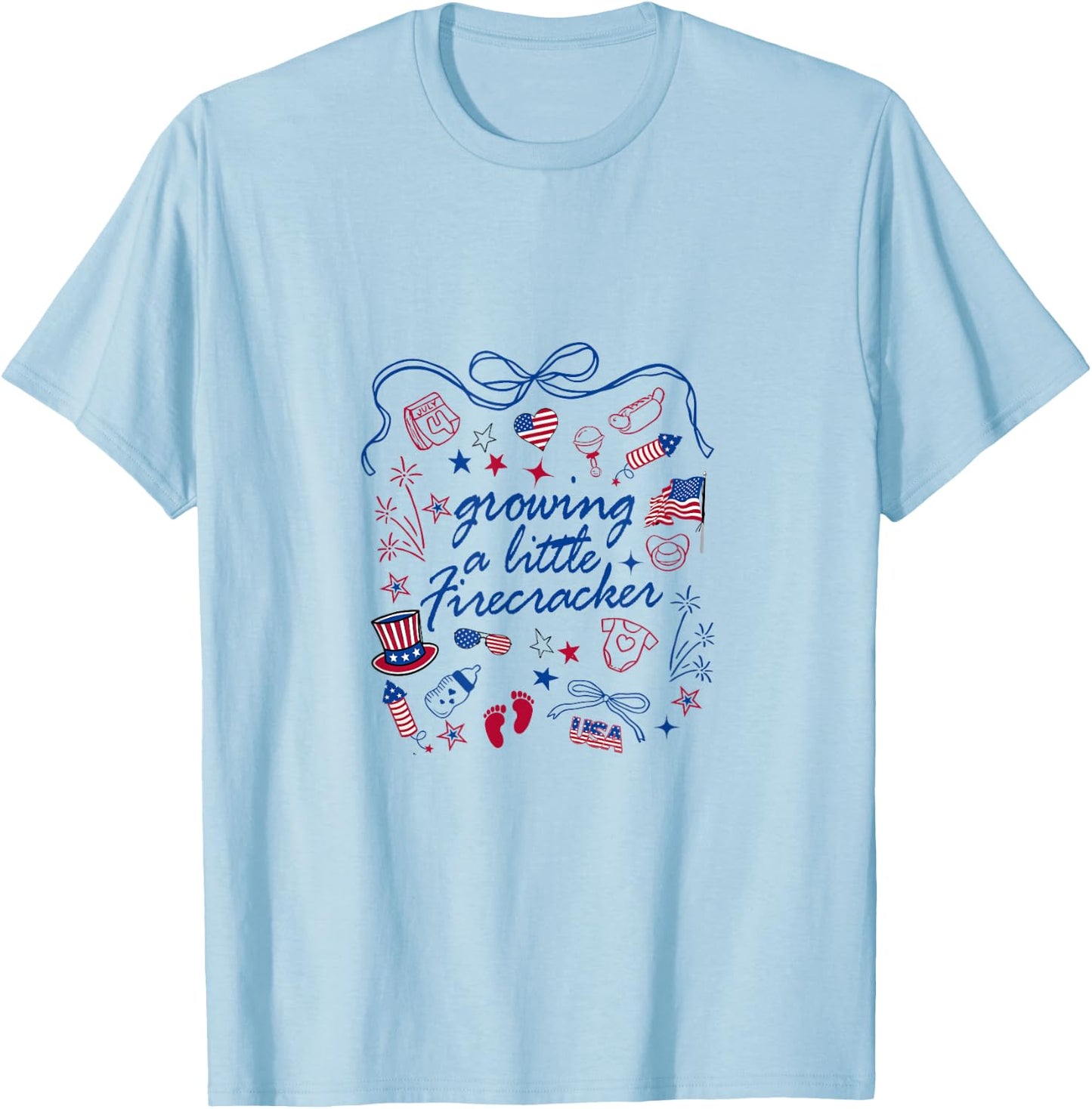 Retro Growing A.Little Firecracker 4th Of.July Pregnancy T-Shirt - T-Shirt | Light Blue