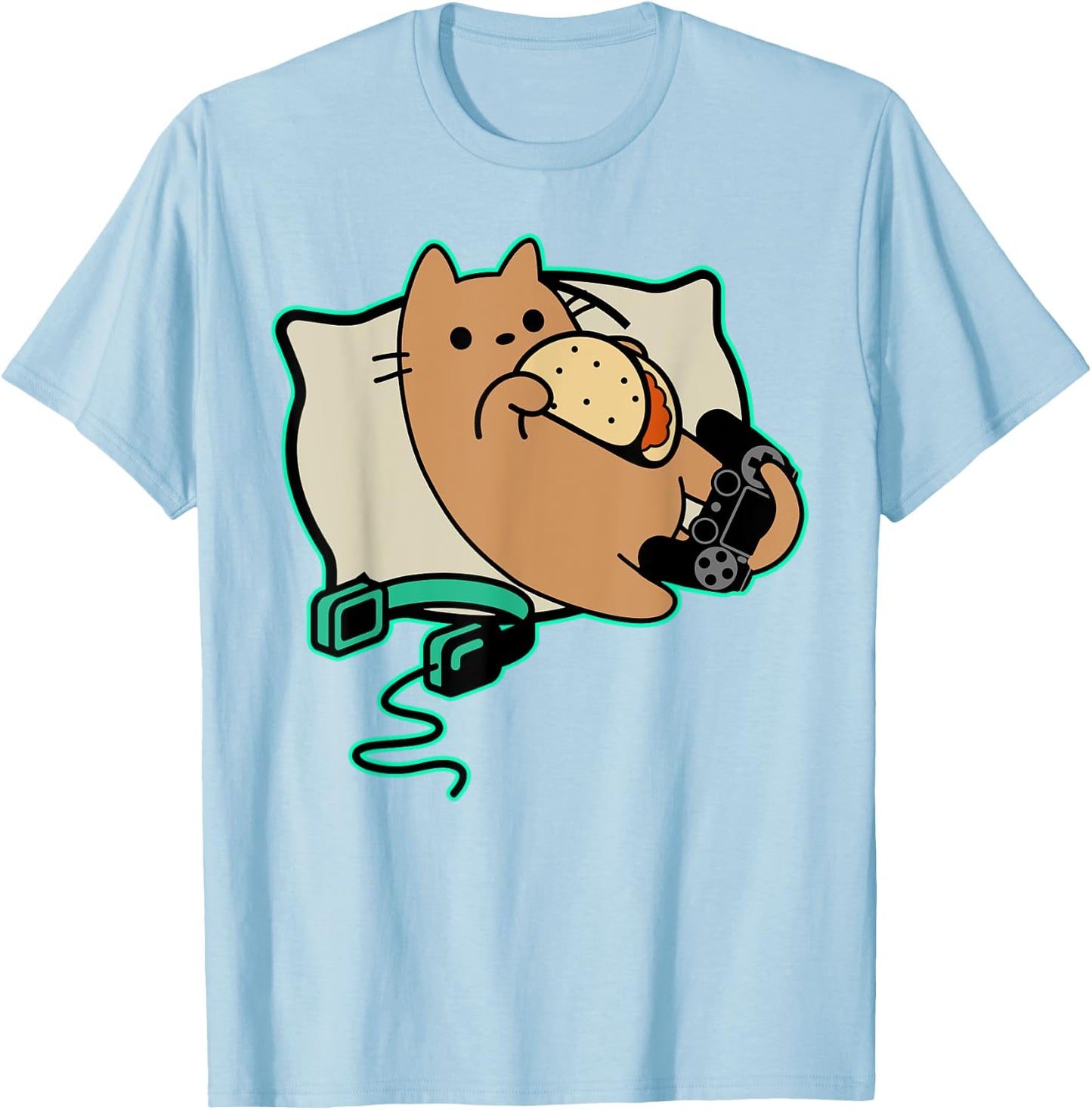 Nerdy Gamer Cat Eating Tacos Game Paused T-Shirt - T-Shirt | Light Blue
