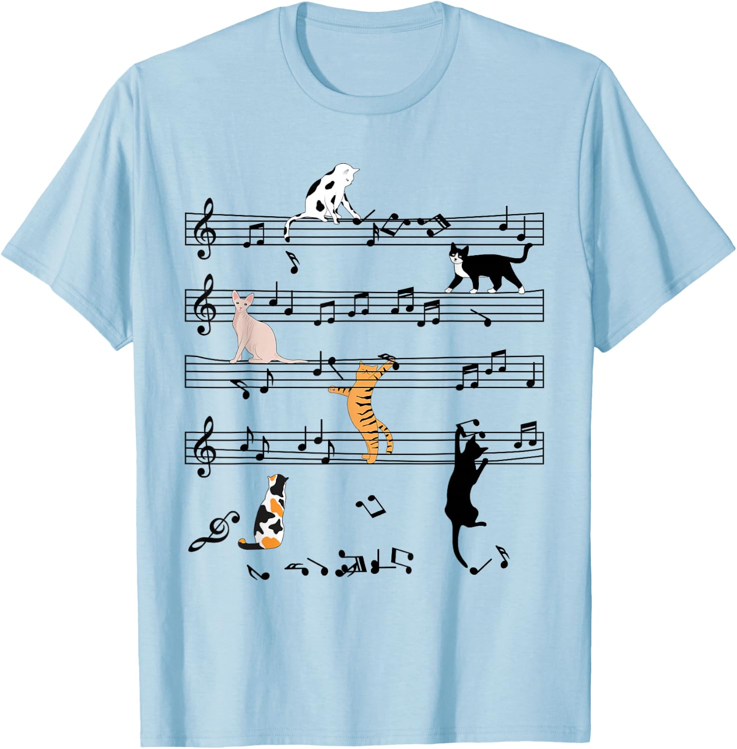 Funny Cat Climbing Playing Sheet Music Note, Cat Music Notes T-Shirt - T-Shirt | Light Blue