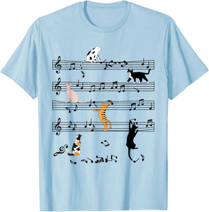 Funny Cat Climbing Playing Sheet Music Note, Cat Music Notes T-Shirt - T-Shirt | Light Blue