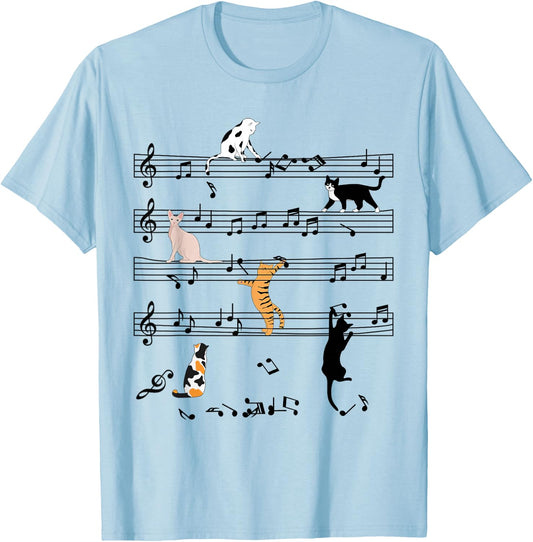 Funny Cat Climbing Playing Sheet Music Note, Cat Music Notes T-Shirt - T-Shirt | Light Blue