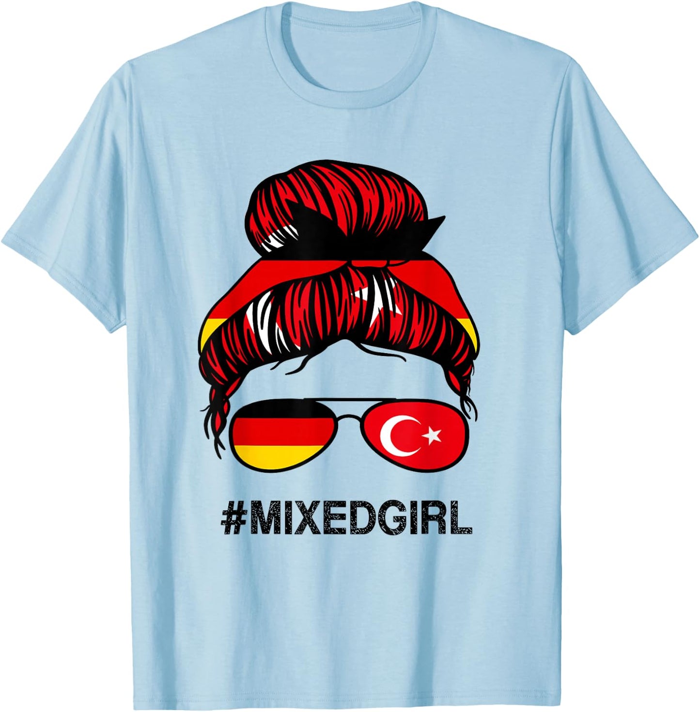 Türkei Deutschland Flagge Türkisch Deutsch Unordentlicher Dutt T-Shirt - T-Shirt | Light Blue
