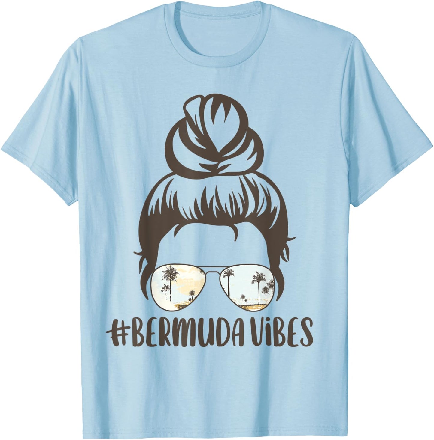 Bermuda Tropical Island Messy Bun Vibes Palm Tree Sunset T-Shirt - T-Shirt | Light Blue
