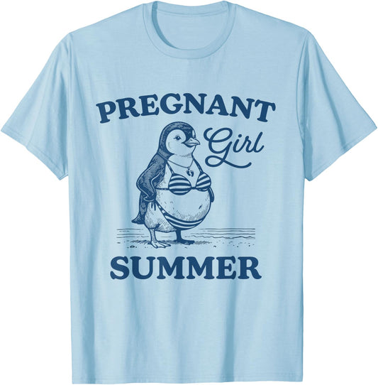 Pregnant Girl Summer Funny Baby Announcement Penguin Mom T-Shirt - T-Shirt | Light Blue