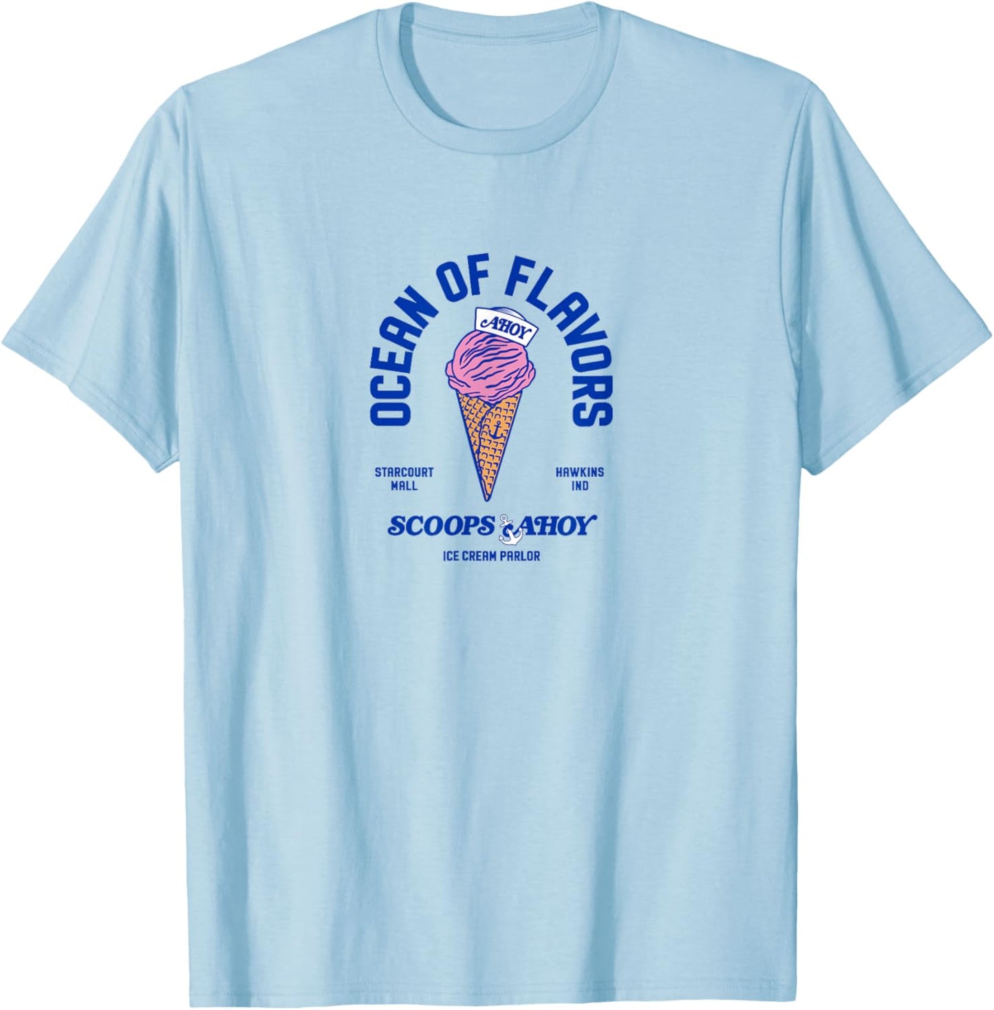 Stranger Things Scoops Ahoy Ocean of Flavors , White T-Shirt - T-Shirt | Light Blue