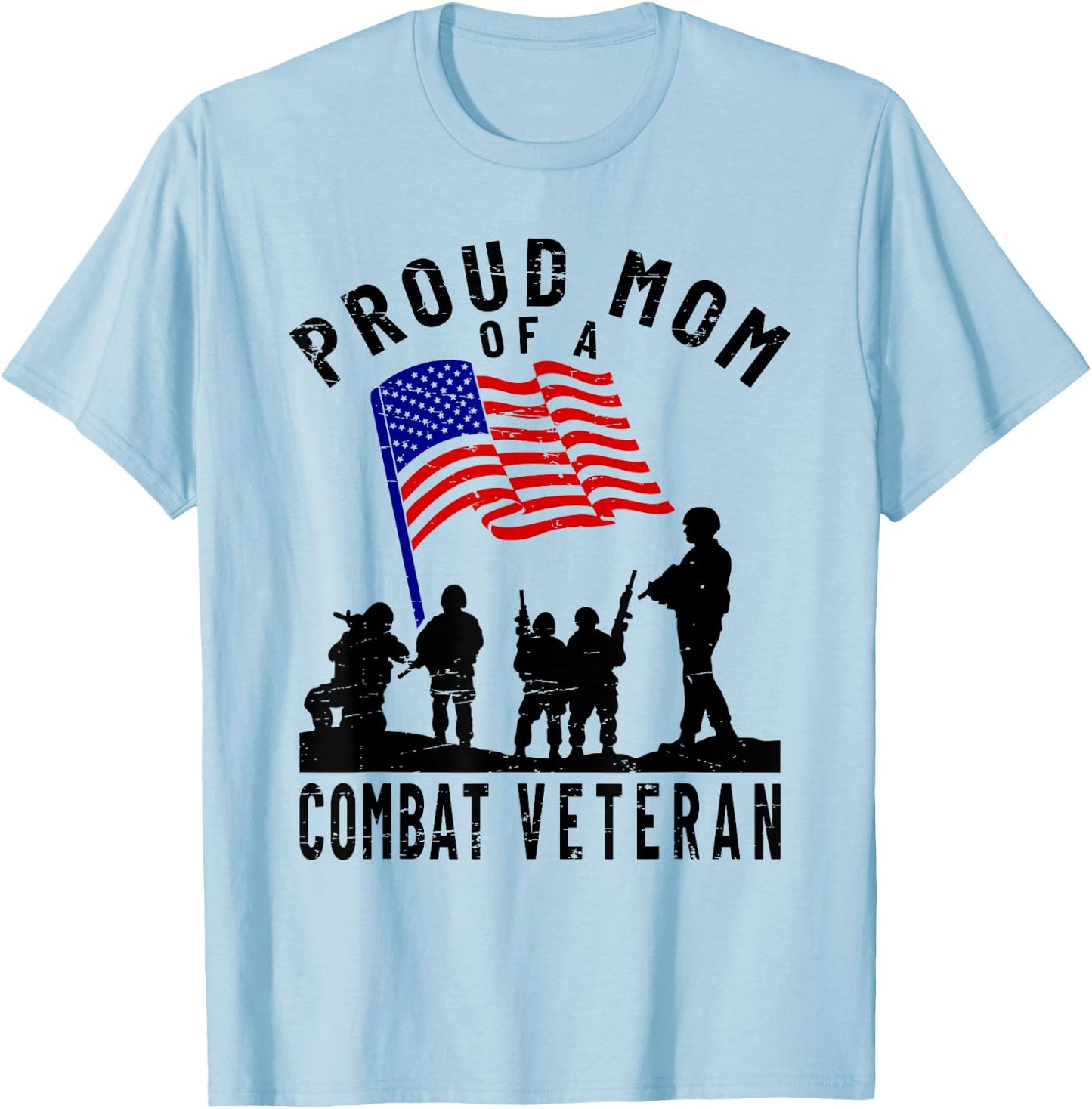 Proud Mom of a Combat Veteran Retro US Flag Military Family T-Shirt - T-Shirt | Light Blue