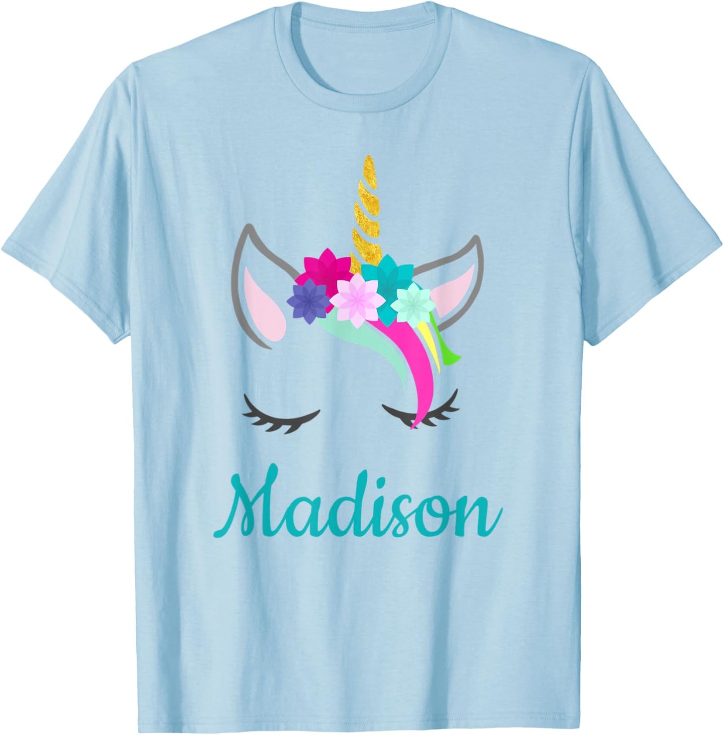 Madison Rainbow Unicorn Name T-Shirt - T-Shirt | Light Blue