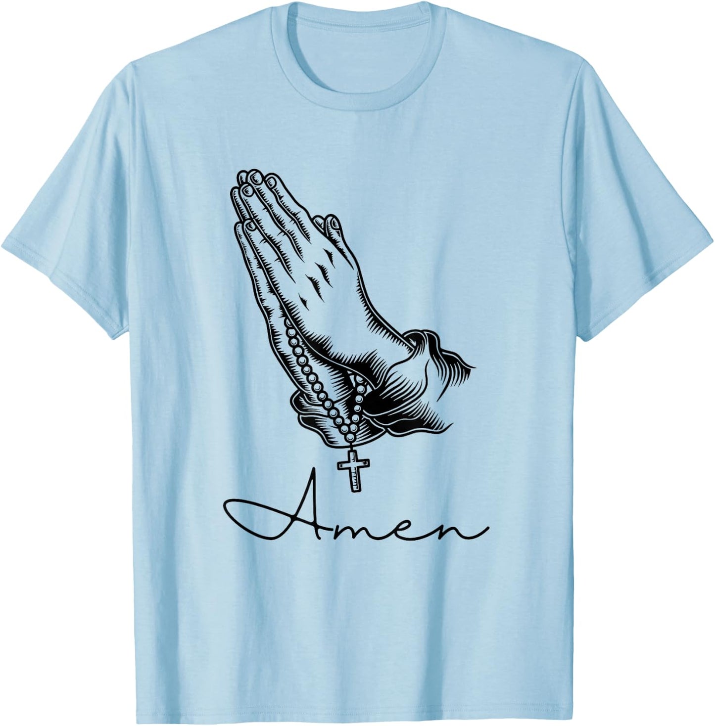 Amen Praying Hands Rosary Beads T-Shirt - T-Shirt | Light Blue