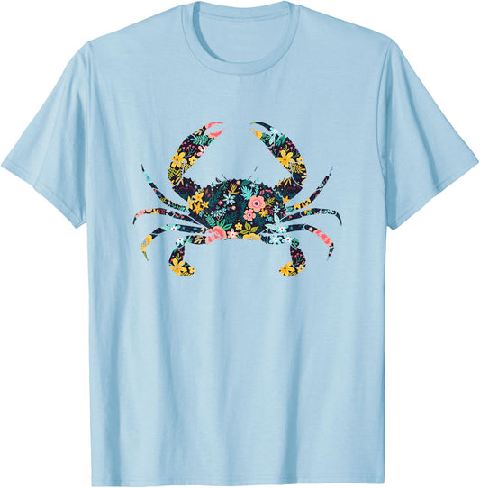 Floral Crab Silhouette Girls Crab T-Shirt - T-Shirt | Light Blue