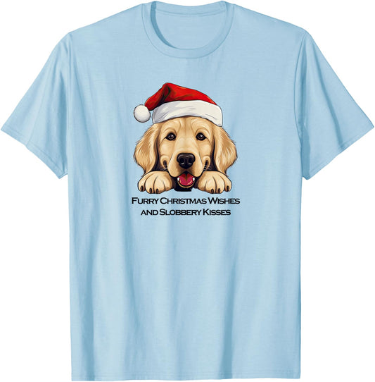 Merry Xmas Golden Retriever Santa "Furry" Christmas Wishes T-Shirt - T-Shirt | Light Blue