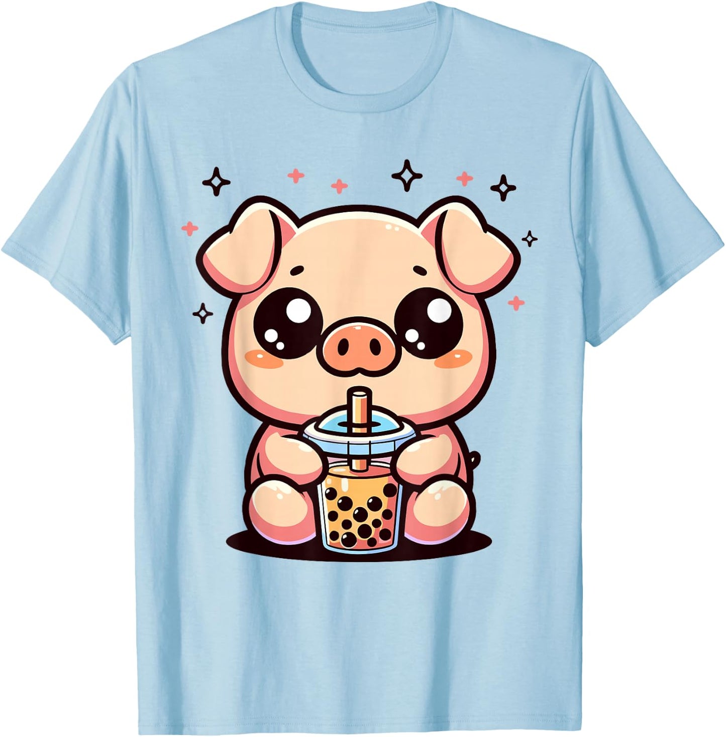Cute Kawaii Cartoon Pig Drinking Bubble Tea Boba Tapioca T-Shirt - T-Shirt | Light Blue