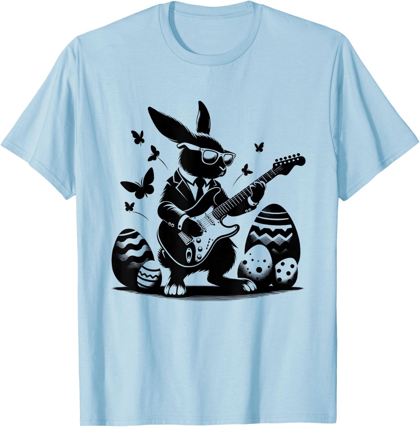 Cool Easter Rabbit Playing Guitar Cute Bunny Easter Eggs T-Shirt - T-Shirt | Light Blue