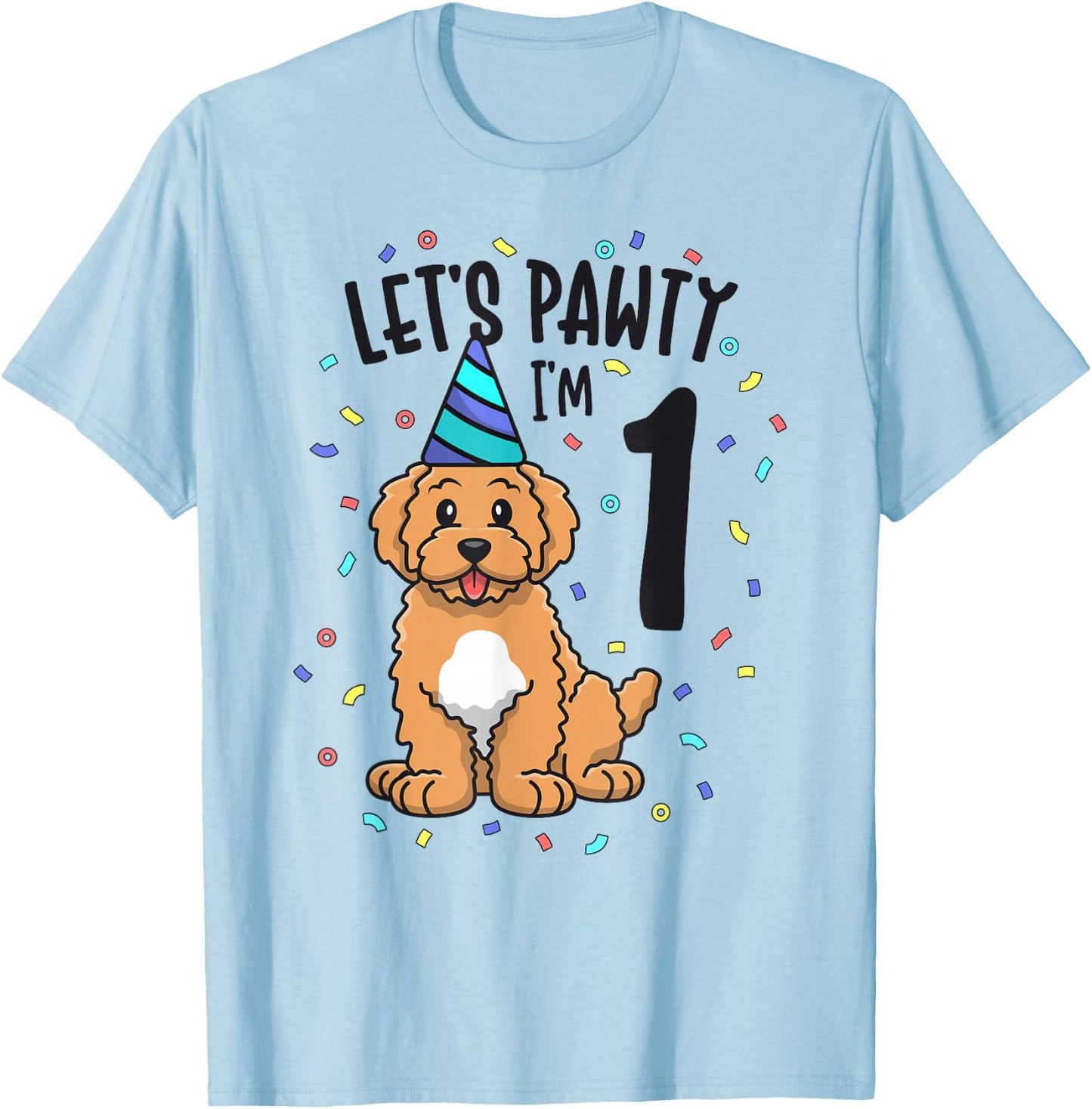 Let's Pawty I'm 1 Goldendoodle Dog 1st Birthday Party T-Shirt - T-Shirt | Light Blue