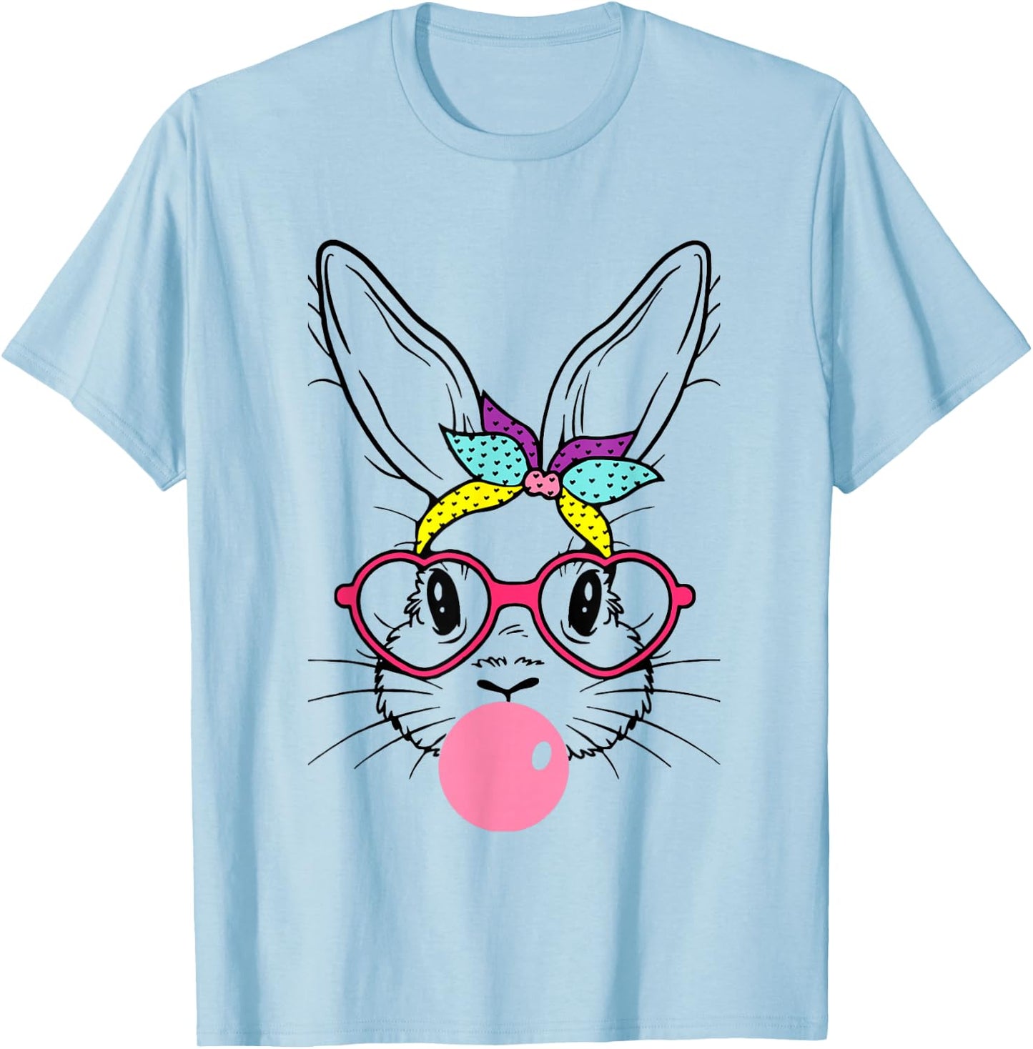 Bunny Face Bubblegum Blowing Glasses Headband Happy Easter T-Shirt - T-Shirt | Light Blue