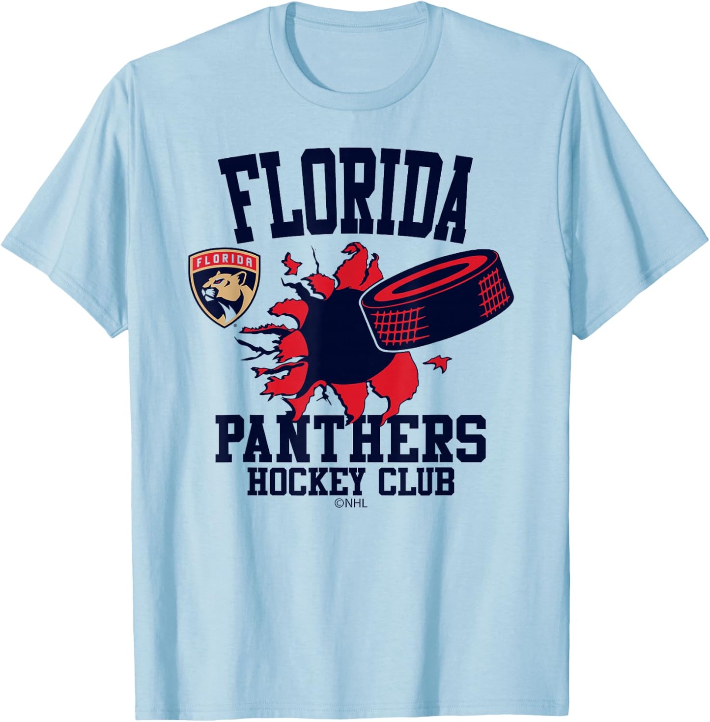 Florida Panthers Hockey Puck Burst White Officially Licensed T-Shirt - T-Shirt | Light Blue