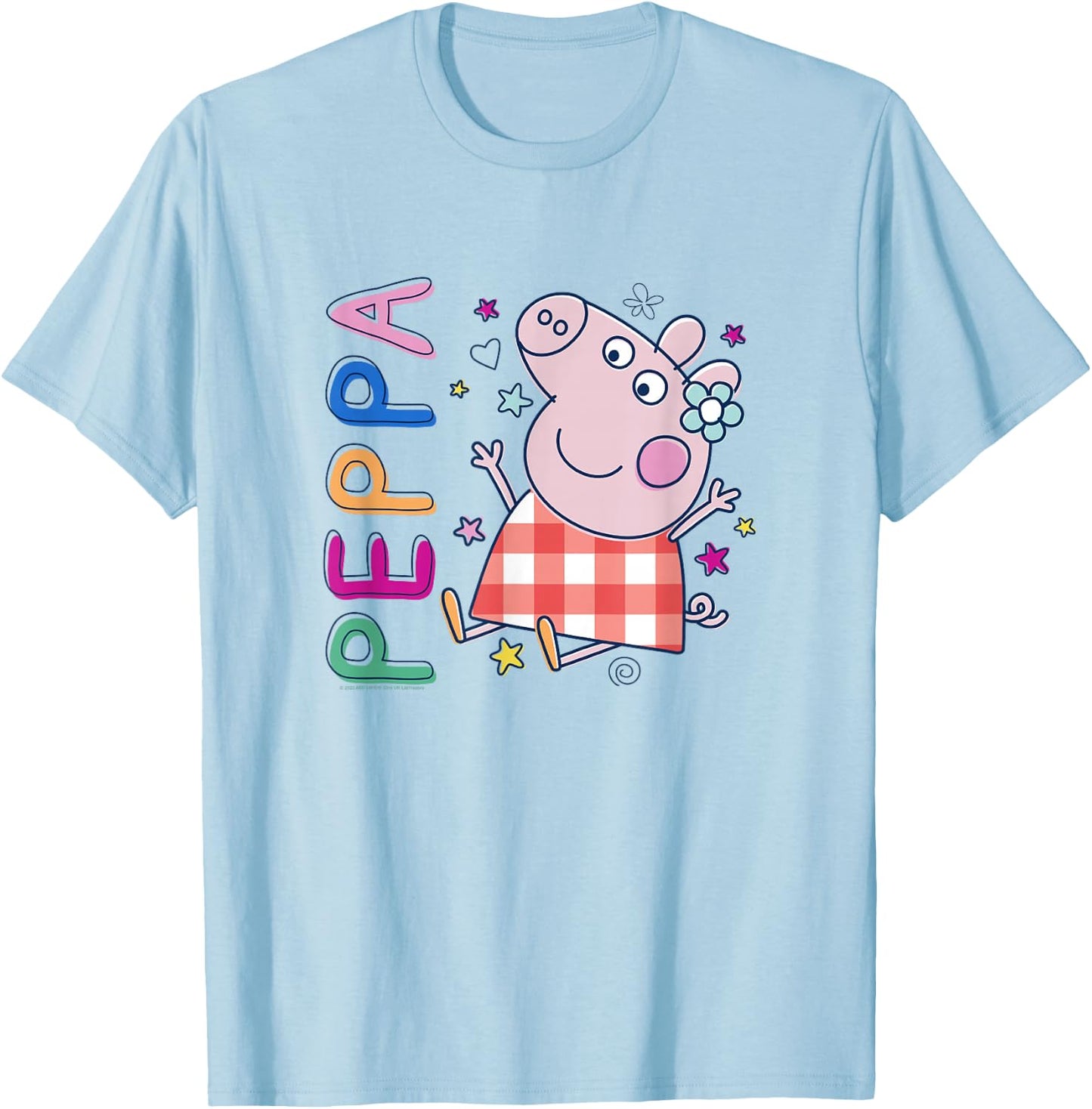 Peppa Pig Colourful Text Plaid Dress Cute Drawing T-Shirt - T-Shirt | Light Blue