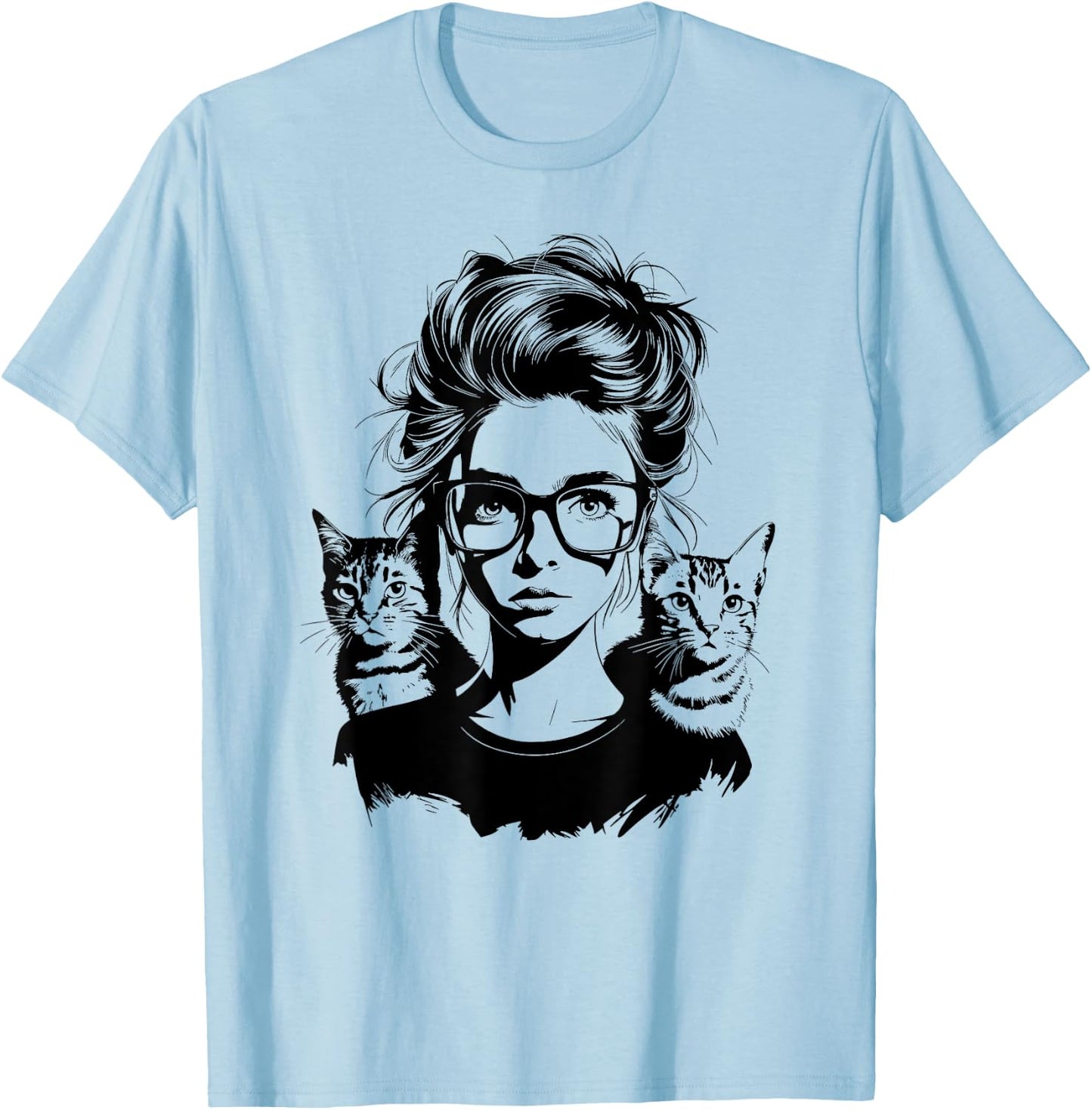 Cute Cat Silhouette Woman Girl with Two Cats T-Shirt - T-Shirt | Light Blue