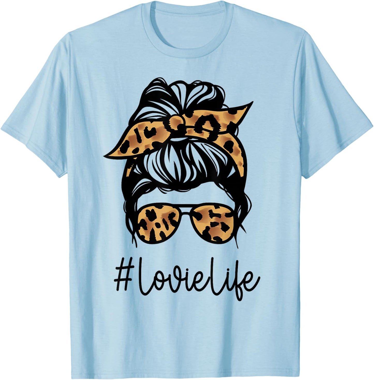 LOVIE Leopard Messy Bun Mother's Day for Grandmothers T-Shirt - T-Shirt | Light Blue