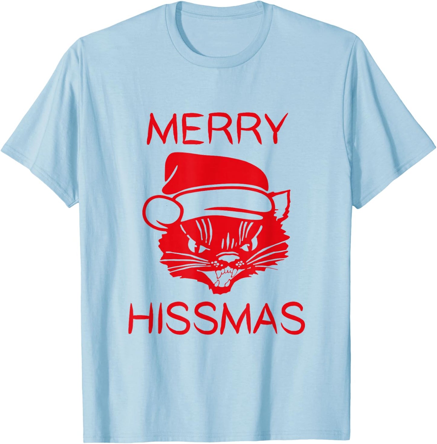 Merry Hissmas - Hissing Cat With Santa Hat T-Shirt - T-Shirt | Light Blue