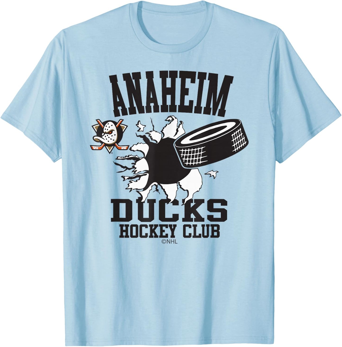 Anaheim Ducks Hockey Puck Burst Orange Officially Licensed T-Shirt - T-Shirt | Light Blue