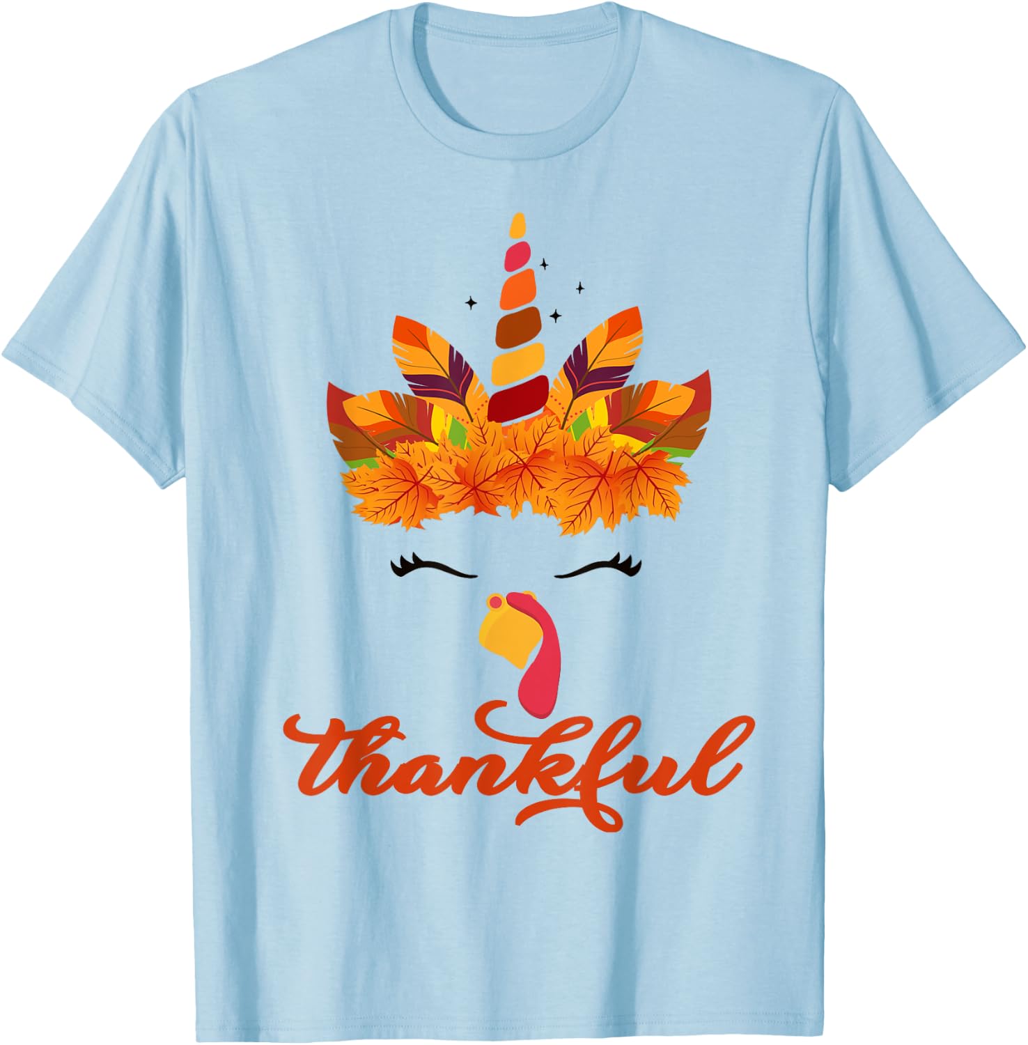 Thankful Unicorn Turkey Face Thanksgiving Outfit Girl Kids T-Shirt - T-Shirt | Light Blue