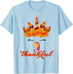Thankful Unicorn Turkey Face Thanksgiving Outfit Girl Kids T-Shirt - T-Shirt | Light Blue