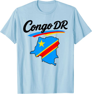Congo DR Flag Map Script Athletic Men Women Youths T-Shirt - T-Shirt | Light Blue