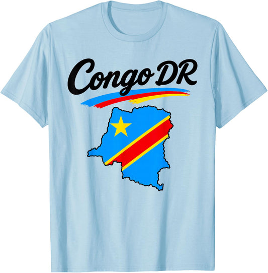 Congo DR Flag Map Script Athletic Men Women Youths T-Shirt - T-Shirt | Light Blue