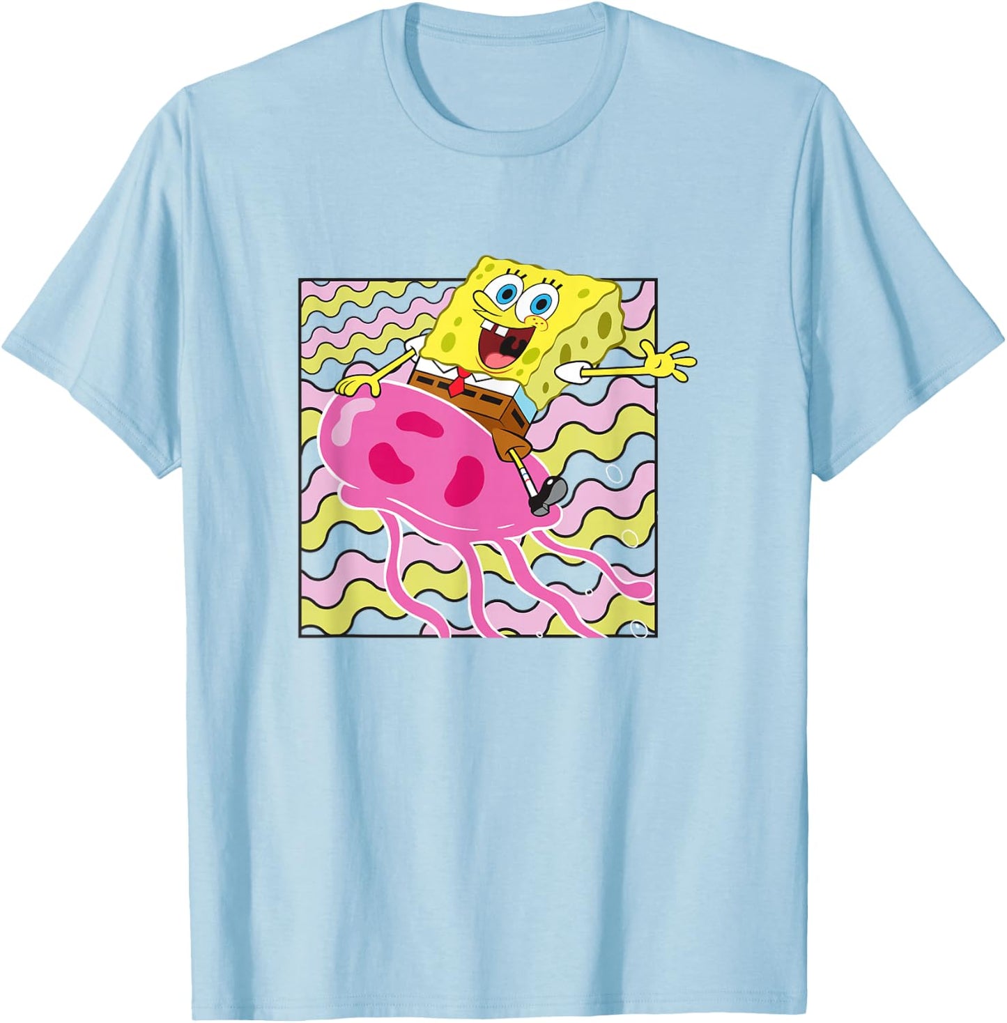 SpongeBob SquarePants Riding A Jellyfish Colorful Shot T-Shirt - T-Shirt | Light Blue