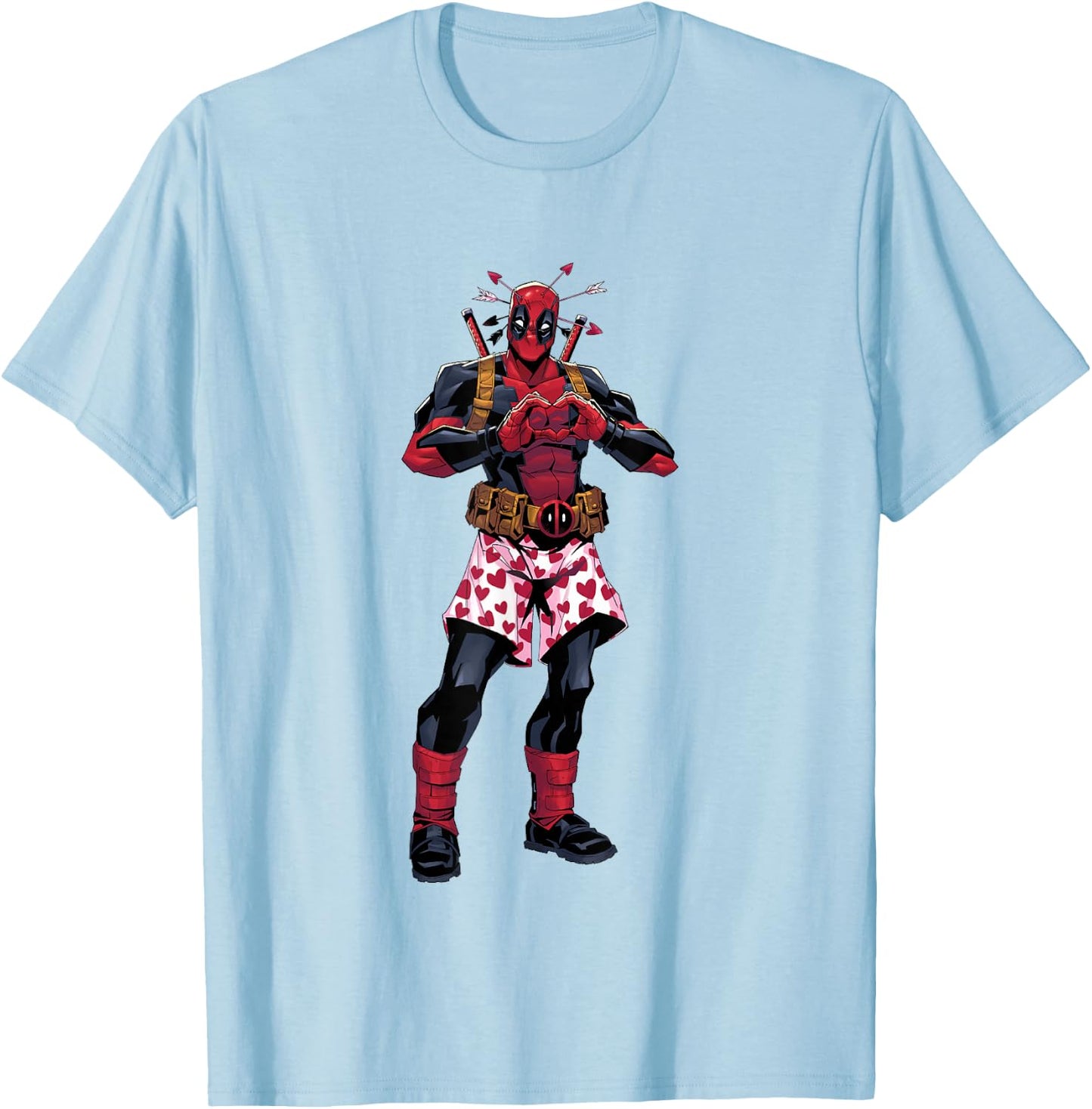 Marvel Deadpool Valentine's Day Love Heart Hand Portrait T-Shirt - T-Shirt | Light Blue
