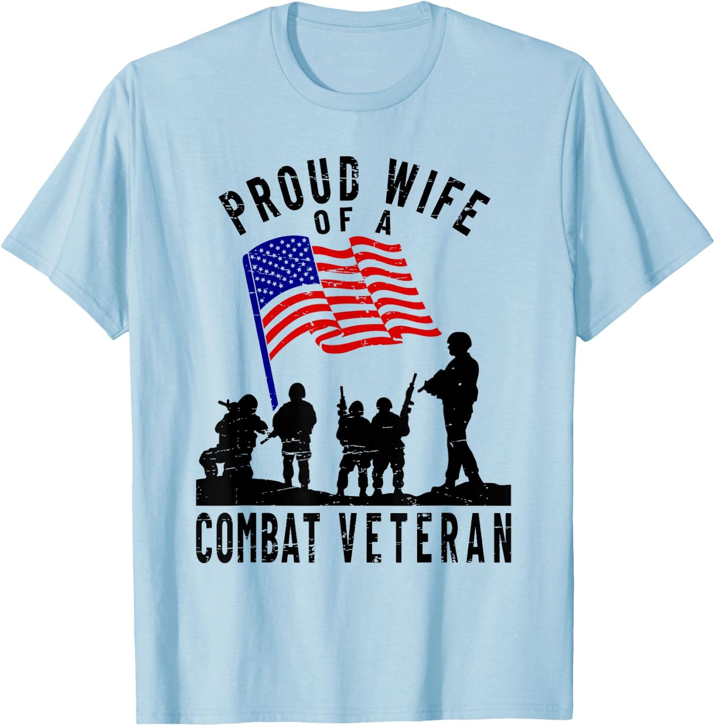 Proud Wife of a Combat Veteran Retro US Flag Military Family T-Shirt - T-Shirt | Light Blue
