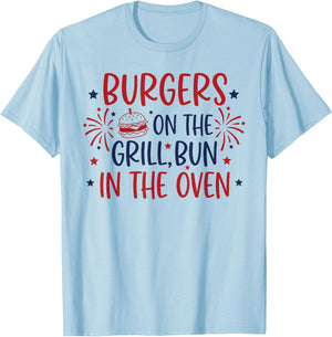 Retro Burgers On The Grill Bun in The Oven Pregnant T-Shirt - T-Shirt | Light Blue