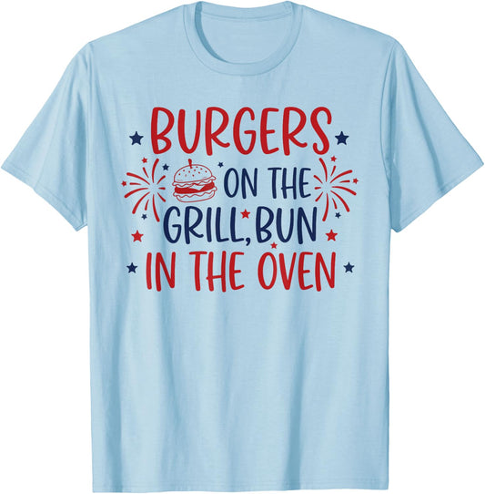 Retro Burgers On The Grill Bun in The Oven Pregnant T-Shirt - T-Shirt | Light Blue