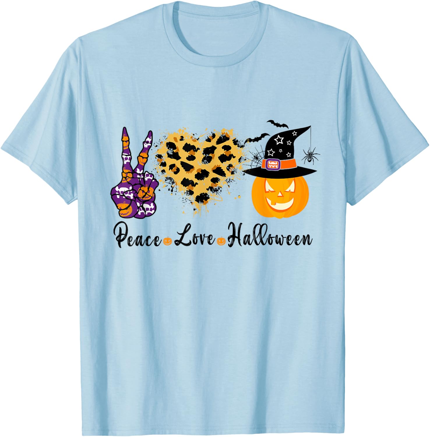 Peace Love Halloween Leopard Heart Halloween Pumpkin T-Shirt - T-Shirt | Light Blue