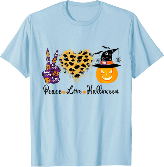 Peace Love Halloween Leopard Heart Halloween Pumpkin T-Shirt - T-Shirt | Light Blue