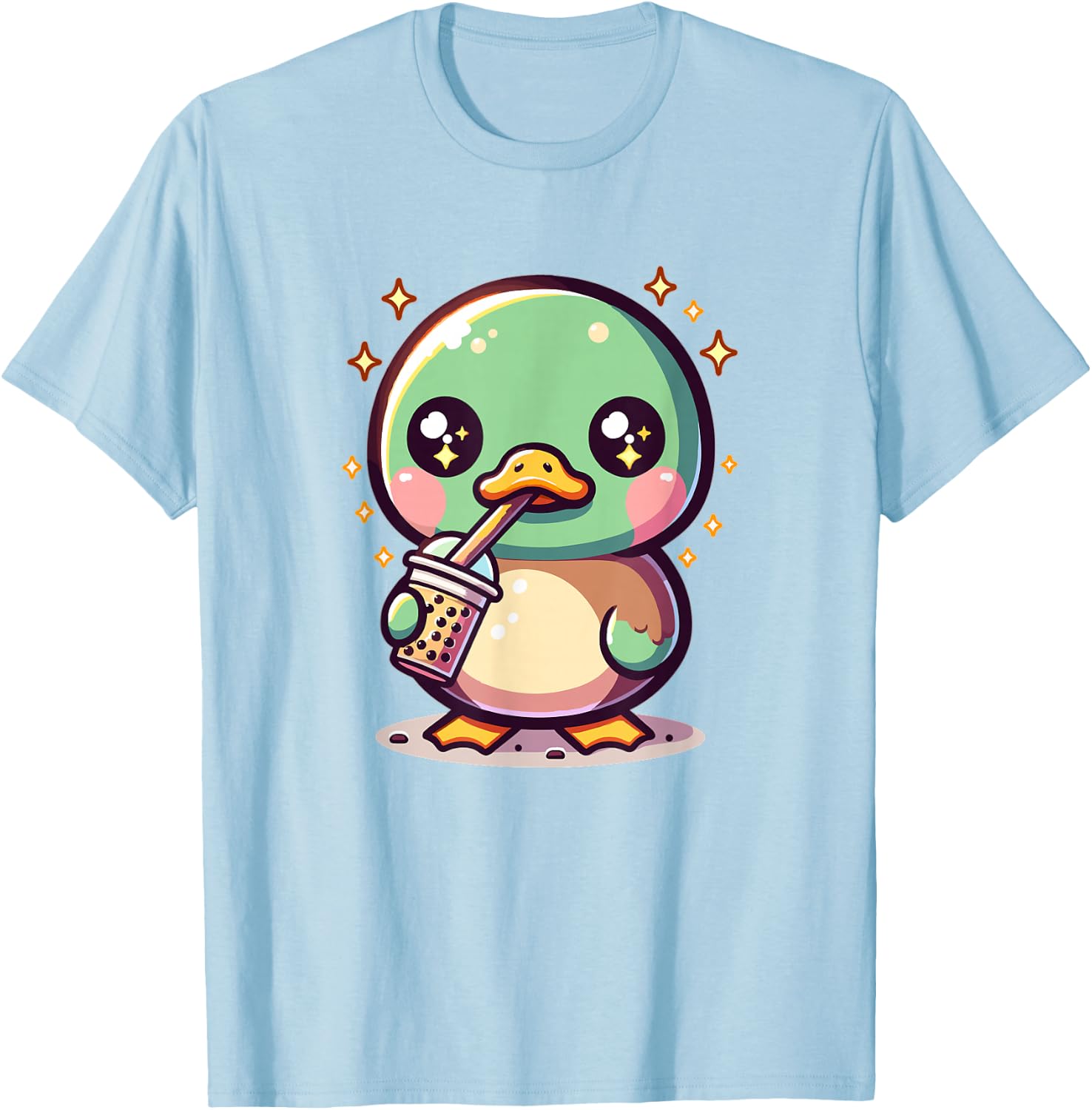 Cute Japanese Kawaii Chibi Mallard Duck Drinking Boba Tea T-Shirt - T-Shirt | Light Blue