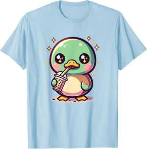 Cute Japanese Kawaii Chibi Mallard Duck Drinking Boba Tea T-Shirt - T-Shirt | Light Blue