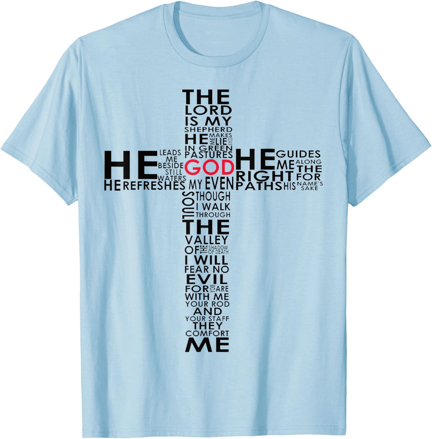 Psalm 23 Bible Verse in a Cross Design Christian T-Shirt - T-Shirt | Light Blue