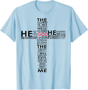 Psalm 23 Bible Verse in a Cross Design Christian T-Shirt - T-Shirt | Light Blue