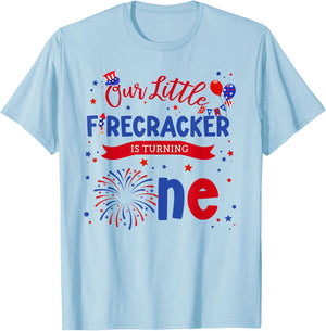 Our Little Firecracker is Turning One 4th July 1st Birthday T-Shirt - T-Shirt | Light Blue