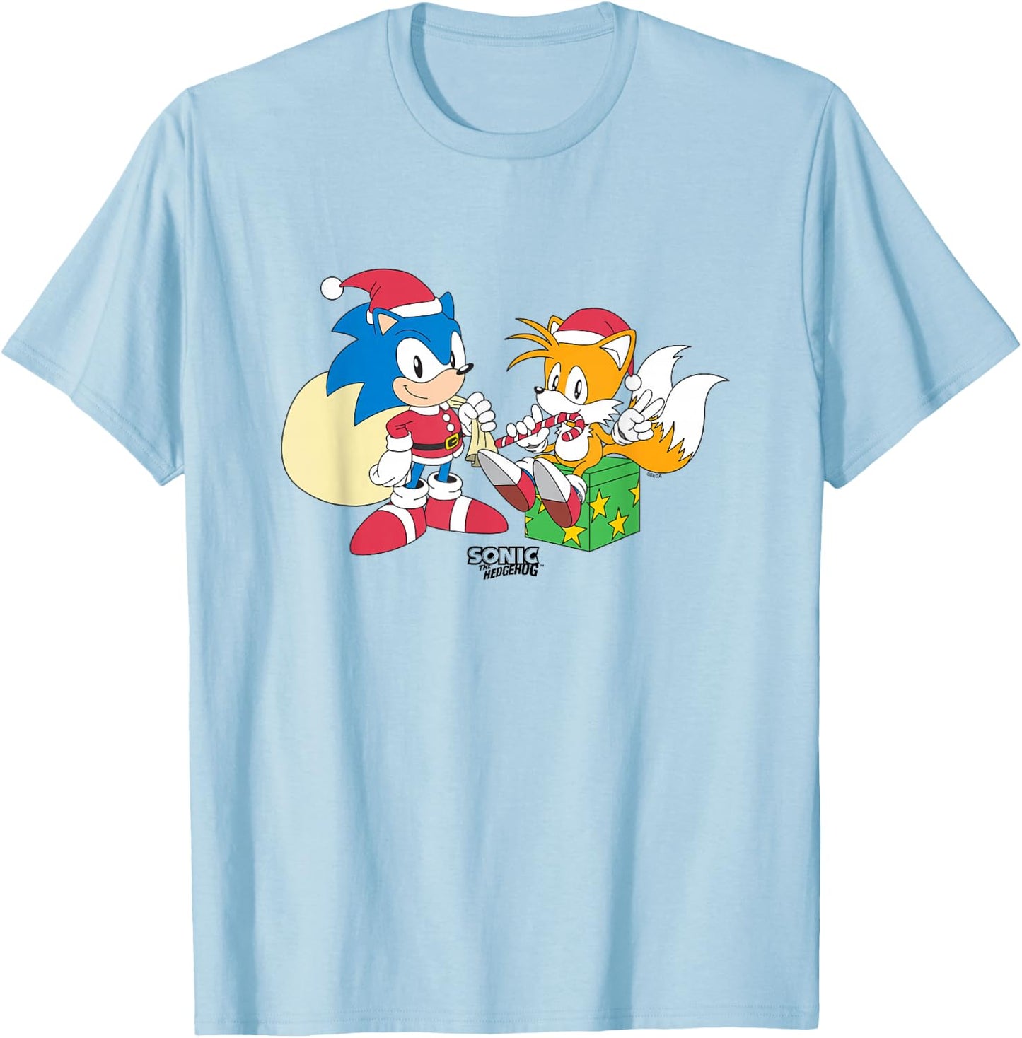 Sonic The Hedgehog Christmas Santa Hats & Gifts Logo T-Shirt - T-Shirt | Light Blue