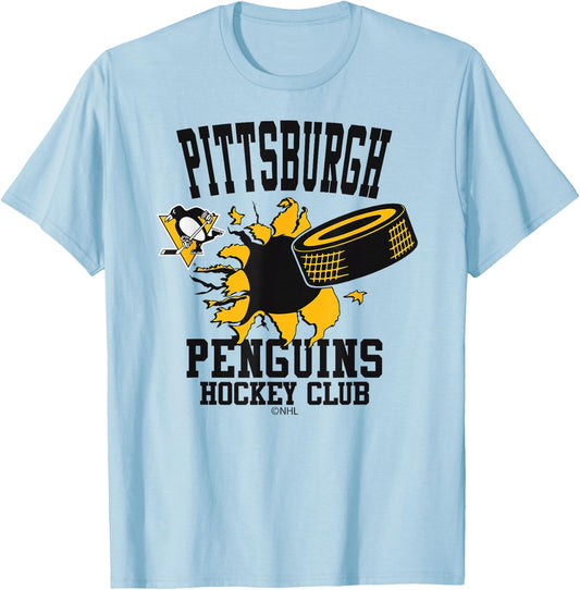 Pittsburgh Penguins Hockey Puck Burst Gray T-Shirt - T-Shirt | Light Blue