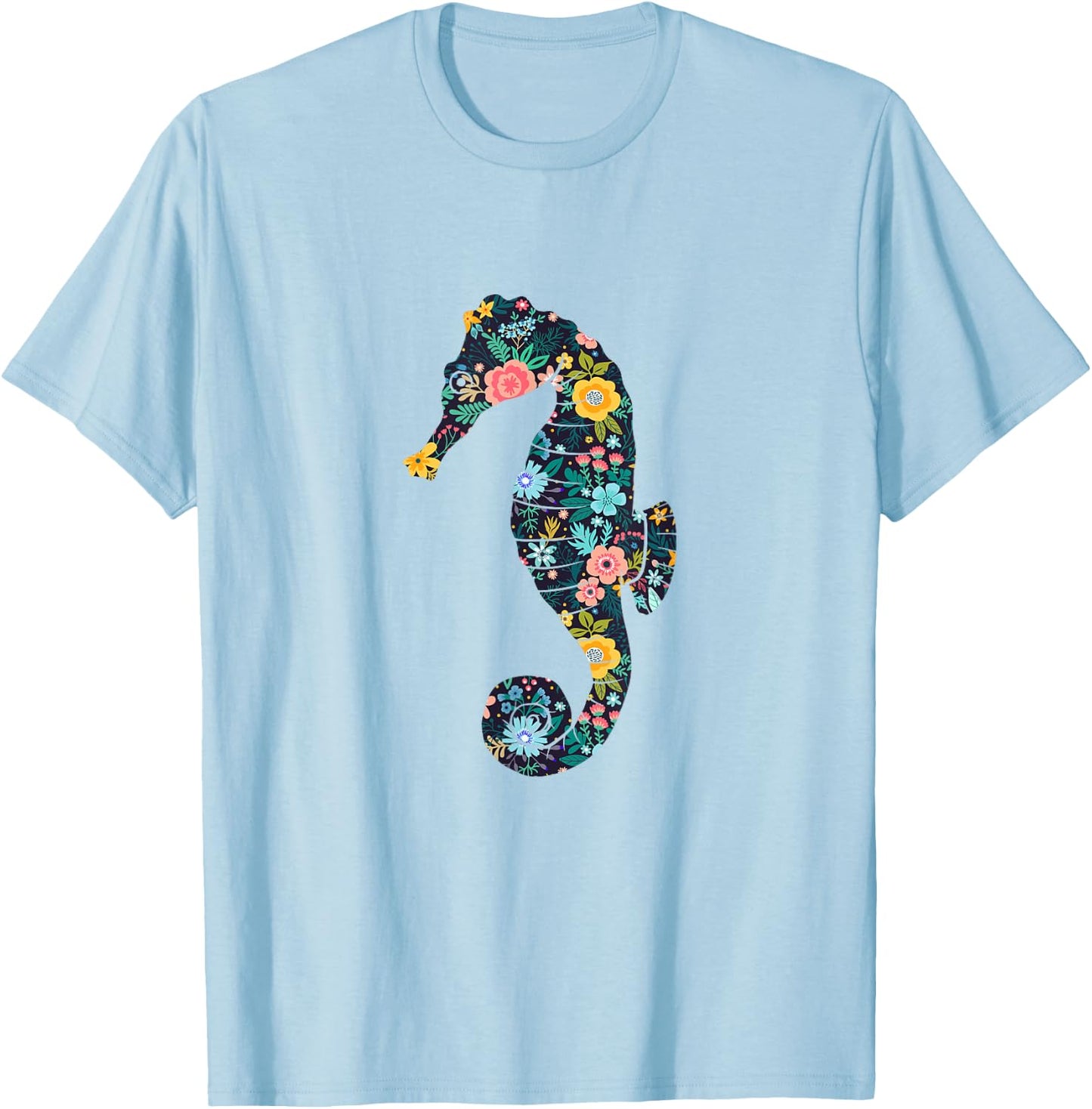 Floral Seahorse Silhouette Girls Graphic T-Shirt - T-Shirt | Light Blue