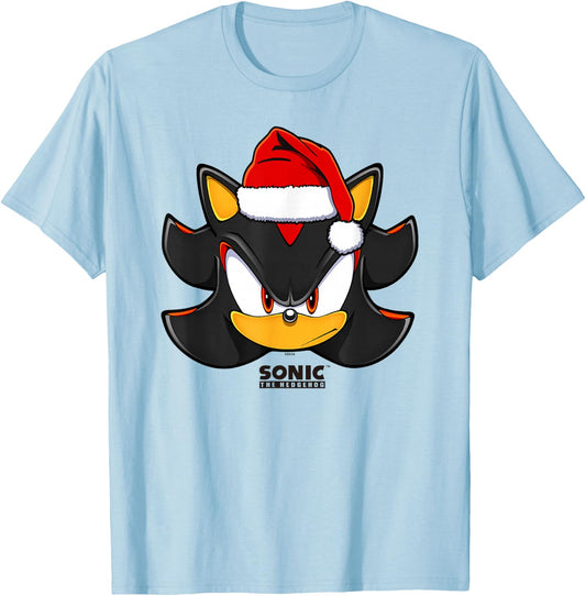 Sonic The Hedgehog Christmas Shadow Santa's Hat Portrait T-Shirt - T-Shirt | Light Blue