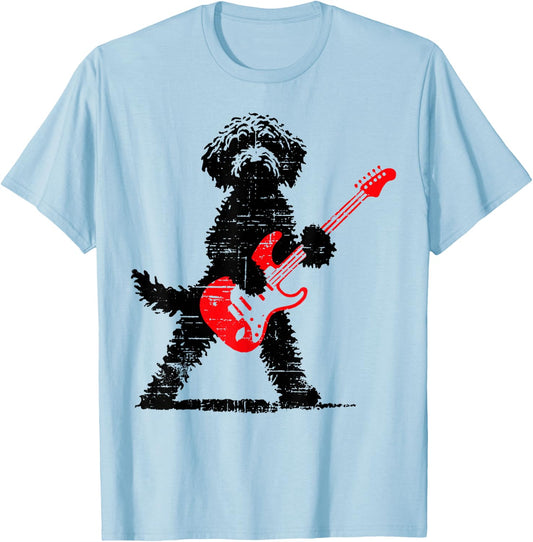 Vintage Goldendoodle Rock Playing Guitar Funny Dog Music T-Shirt - T-Shirt | Light Blue