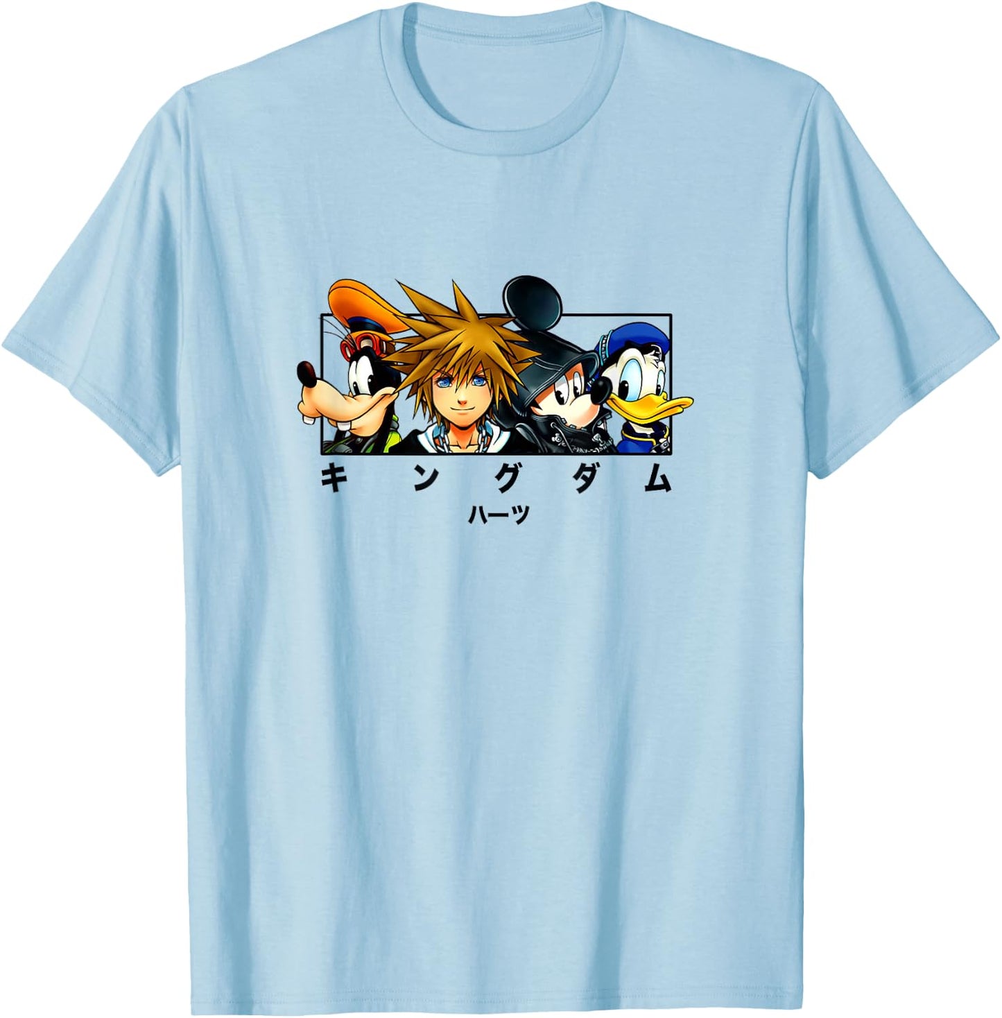 Disney Kingdom Hearts Main Characters Panel Chest Kanji Logo T-Shirt - T-Shirt | Light Blue