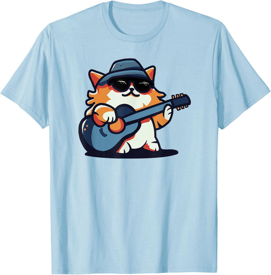 Cool Musical Cat With Hat And Sunglasses Playing Fun Guitar T-Shirt - T-Shirt | Light Blue