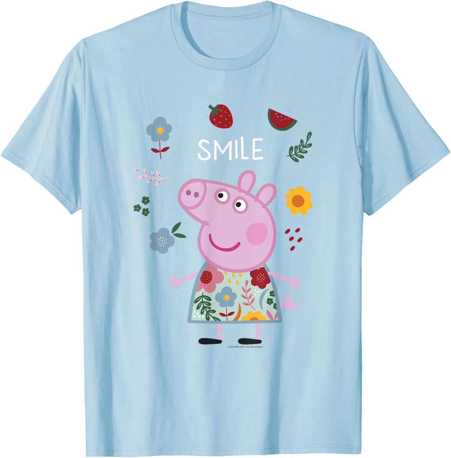 Peppa Pig Smile Cute Flowers & Fruit Full Body Portrait T-Shirt - T-Shirt | Light Blue
