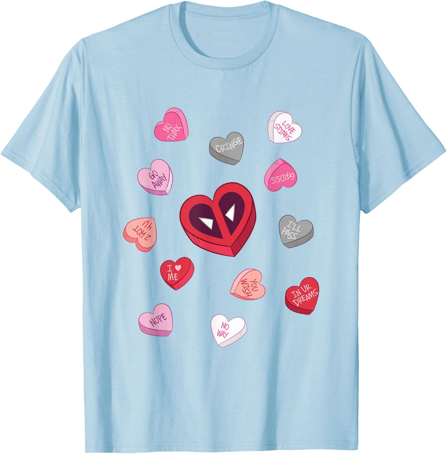Marvel Deadpool Valentine's Day Heart Candies Chest Logo T-Shirt - T-Shirt | Light Blue