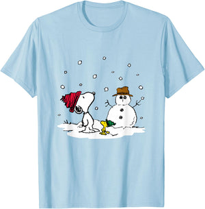 Peanuts - Snoopy Woodstock Snowman , blue T-Shirt - T-Shirt | Light Blue